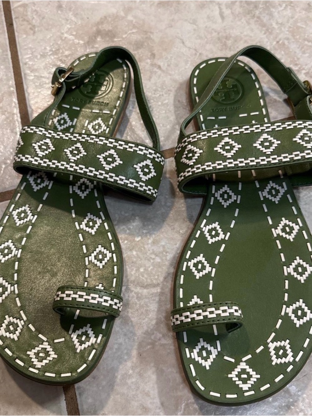 Tory Burch Olive Green Embroidered Leather Sandals - Picture 2 of 4